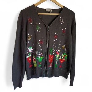 BEREK Vintage CHRISTMAS SWEATER Cocktails  Cotton Blend Full Zip Cardigan XL